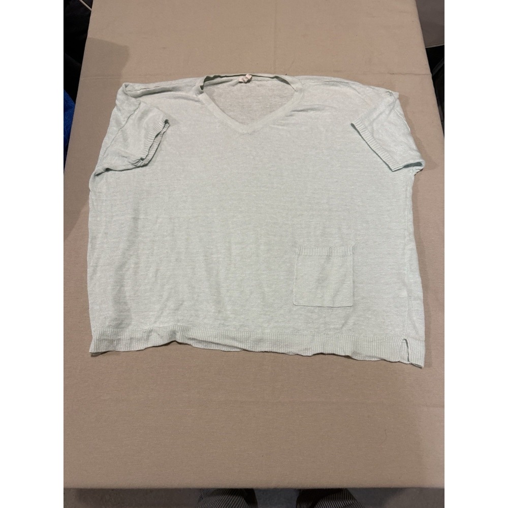 Eileen Fisher Oversize Cropped 100% Linen V-Neck Light Blue Knit Top Womens Sz L